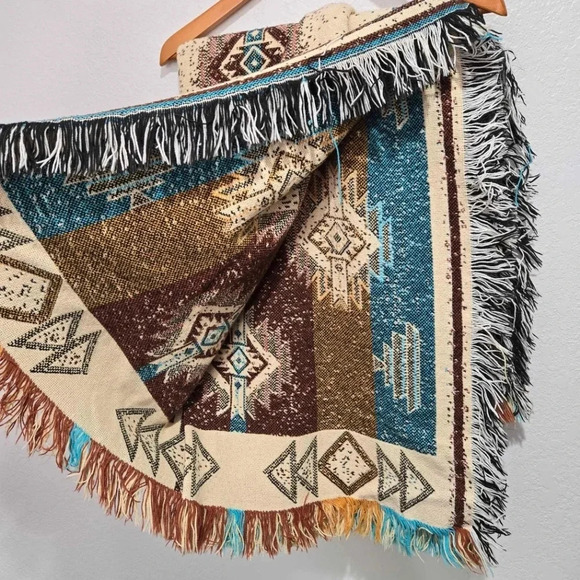 Southwest Tribal Fringe Throw Blanket Tapestry Turquoise Boho Vintage - Picture 2 of 3